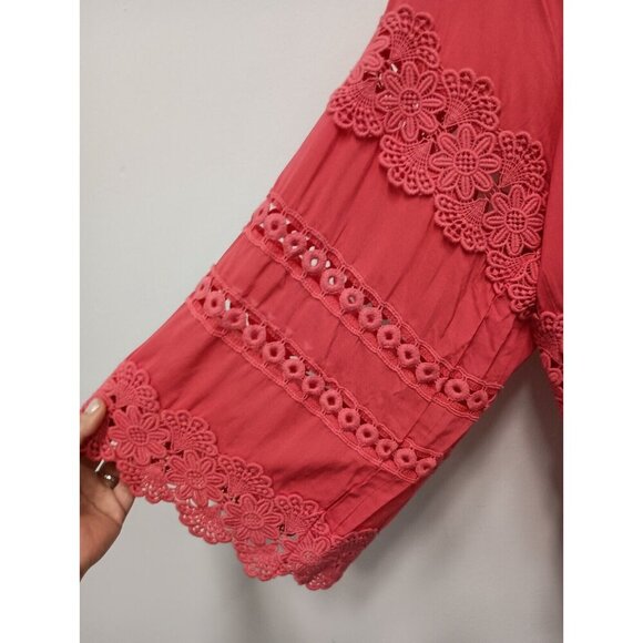 Patrizia Luca Womens Blouse Top Medium Pink Crochet BOHO Peasant Flare Sleeve - Picture 4 of 11